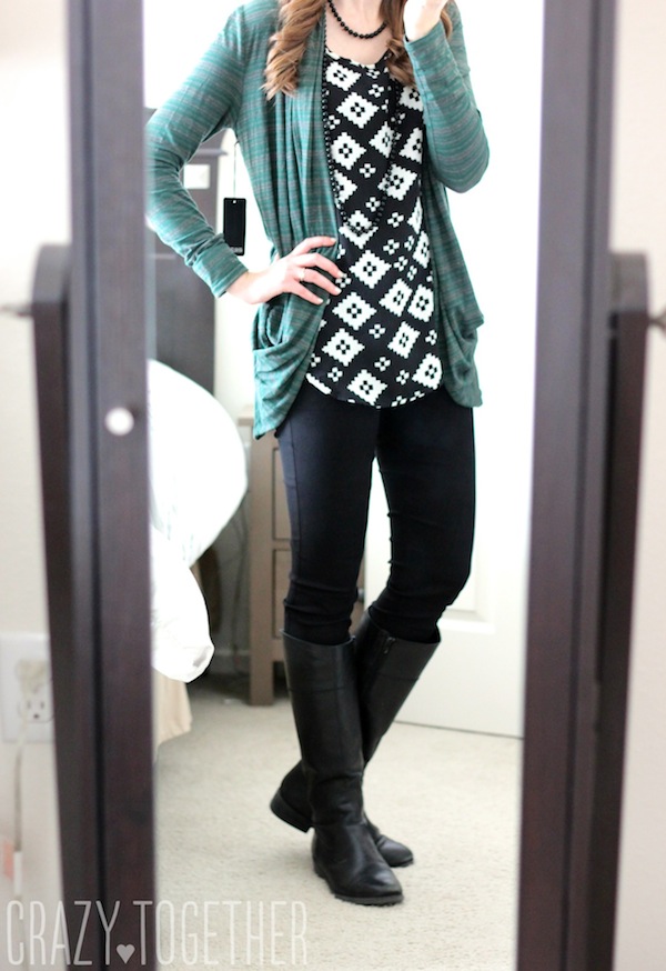 Concord Striped Draped Pocket Cardigan from 41Hawthorn with Chandler black and white print Ikat blouse from Olive & Oak- January 2015 Stitch Fix review #stitchfix