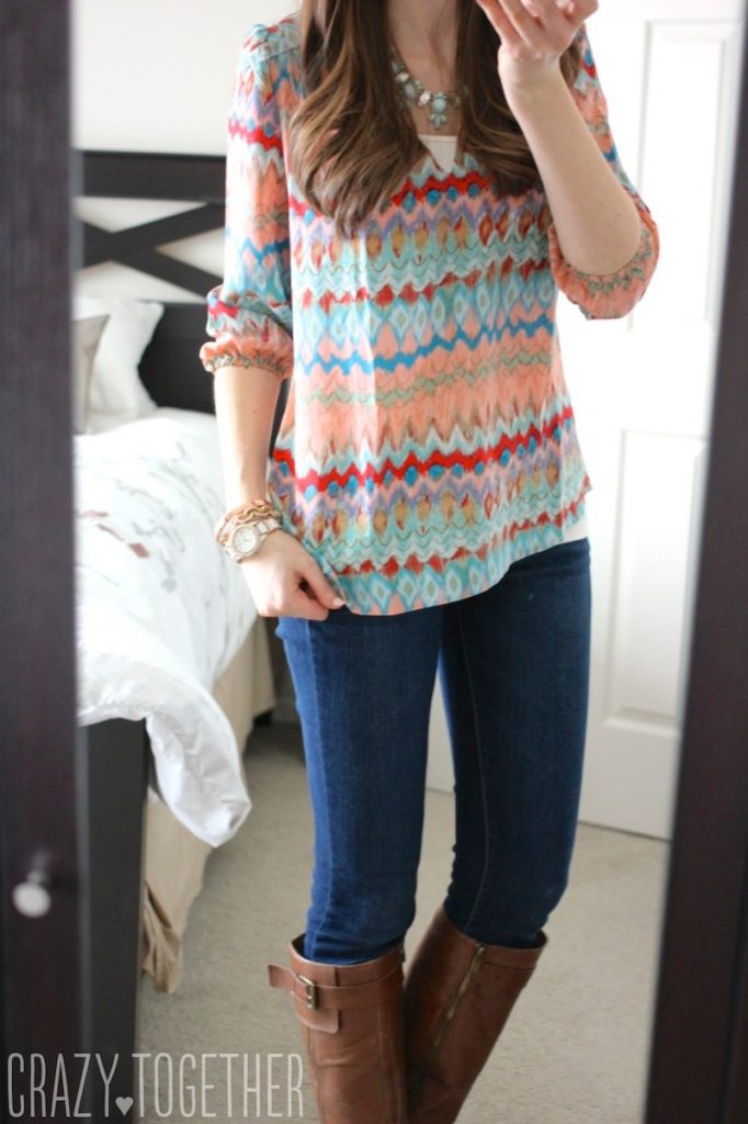 Gazele Abstract Print Silk Blouse from Amour Vert and Sophie skinny jeans from Kensie- Stitch Fix February 2015 Review #stitchfix