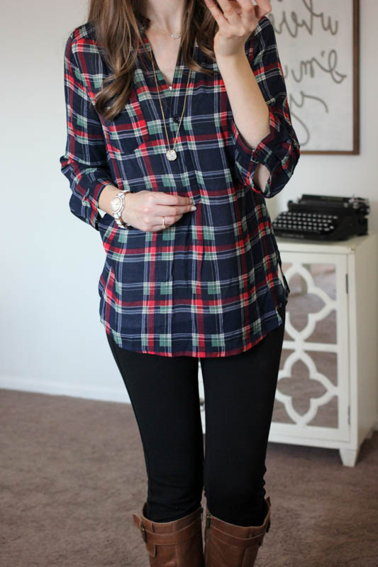 Colibri Plaid Printed Tab-Sleeve Shirt from Market & Spruce and Rizzo Skinny Pants from Liverpool - Stitch Fix