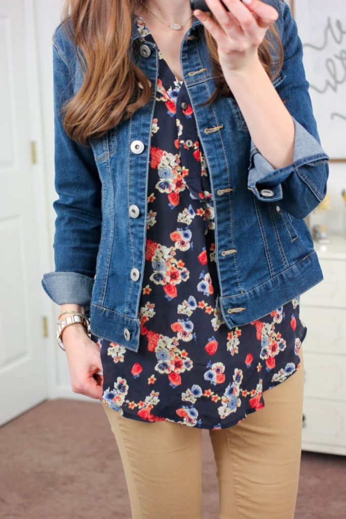 Alessandro Silk V-Neck Blouse from Amour Vert For Stitch Fix & Jalie Denim Jacket from Liverpool - January Stitch Fix
