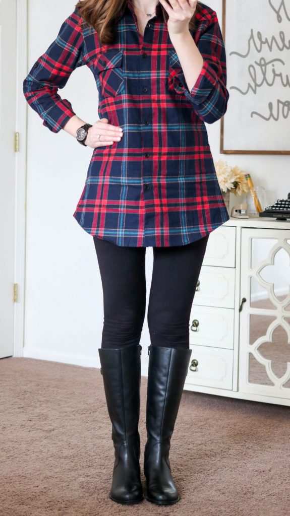 Ochenta plaid flannel tunic with black leggings and black leather riding boots - all purchased on Amazon! Blog post has more details and links to purchase