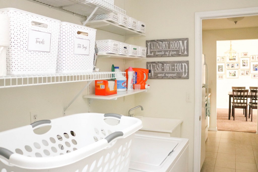 Laundry room organization and FREE printable labels for storage bins
