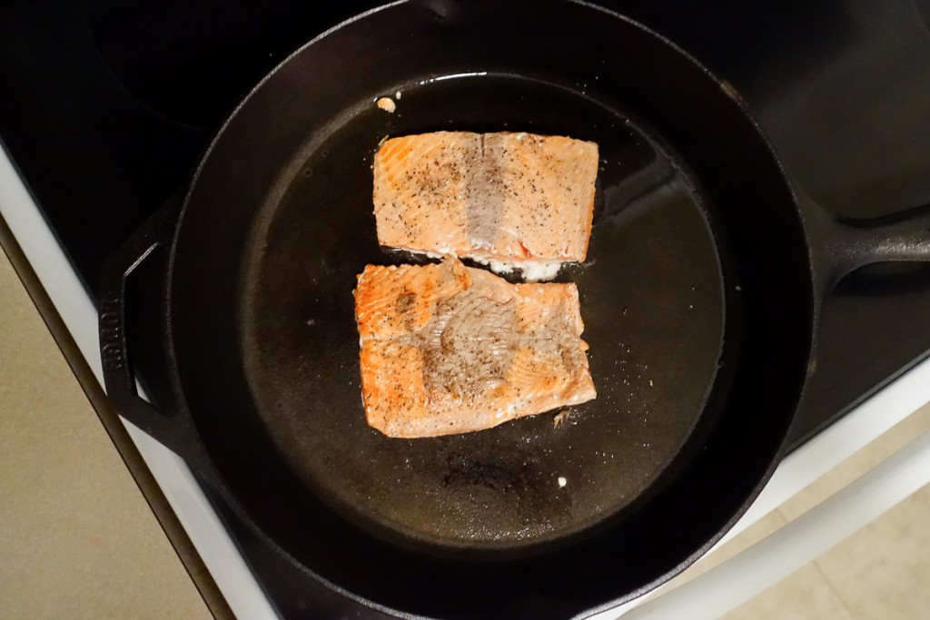 Fry salmon in cast iron pan