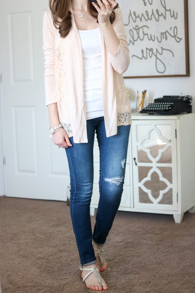 Stitch Fix - Mal Lace Inset Cardigan with distressed jeans