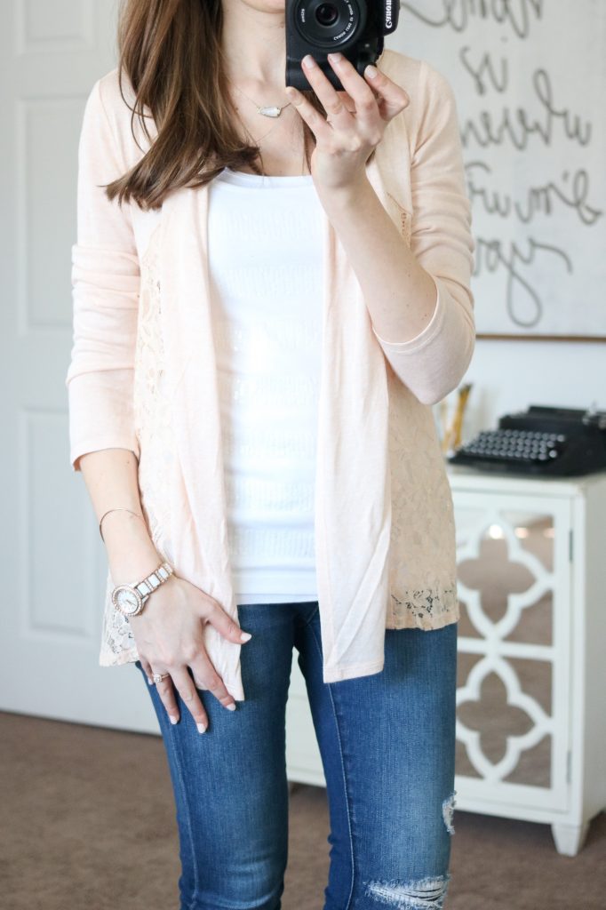 Stitch Fix - Mal Lace Inset Cardigan with distressed jeans