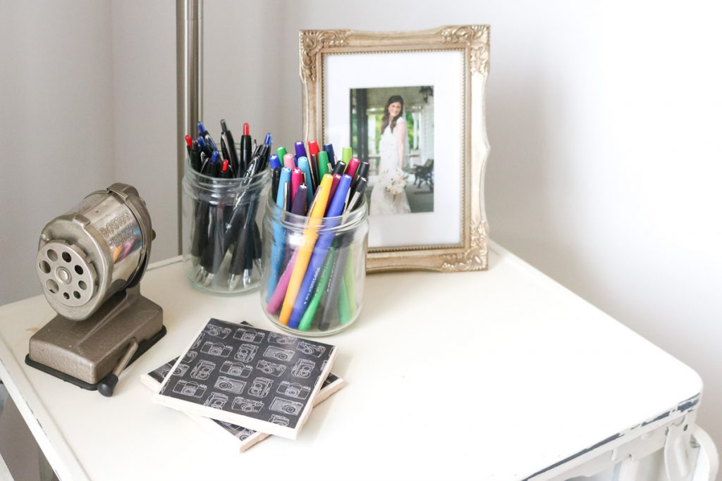 Pens and easy access storage in vintage home office