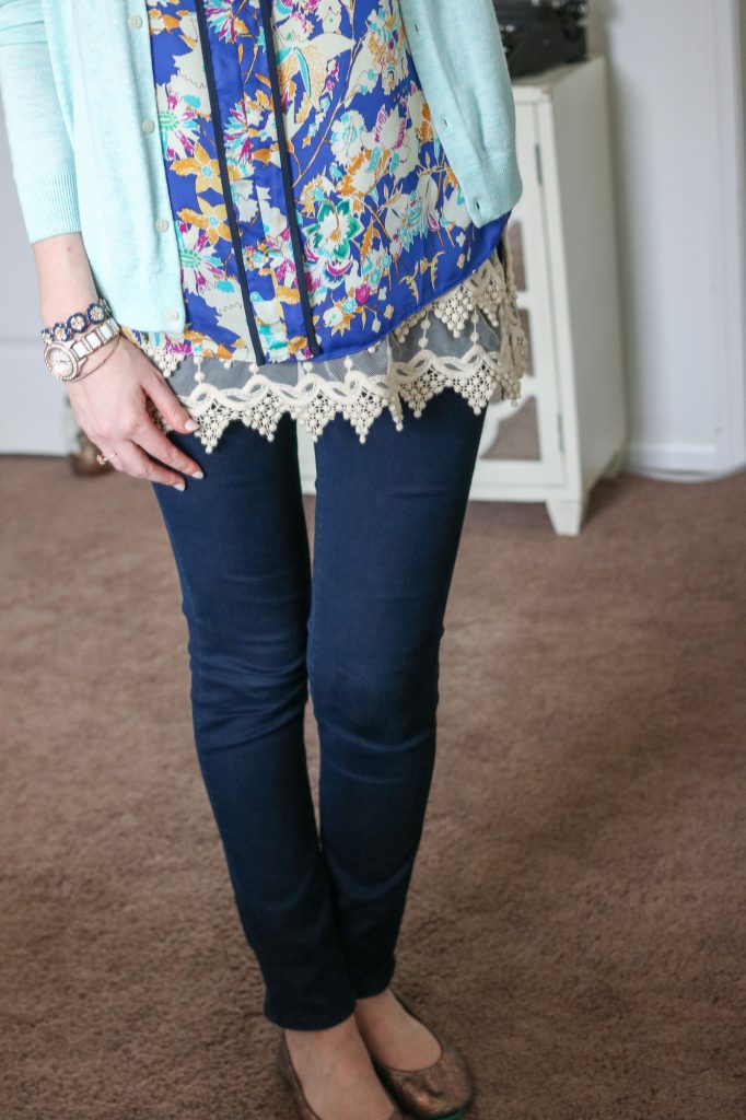 blue floral with cream lace and a mint green cardigan - spring fashion