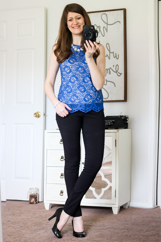 Queenie Lace Overlay Blouse from Lavender Brown and black Emer pants from Margaret M- June Stitch Fix review