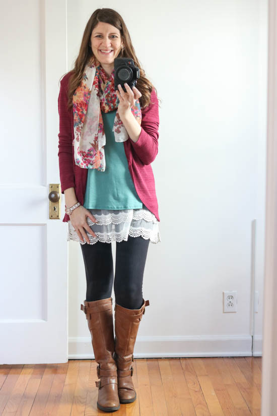 How to hide the baby bump without having to size up - try layering an open cardigan, a lace top extender, a plain tee and a floral scarf | winter style | maternity fashion | Crazy Together blog