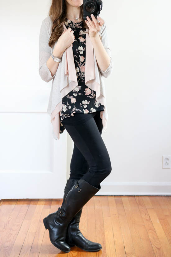 How to hide the baby bump without having to size up - try layering a floral blouse with a draped cardigan