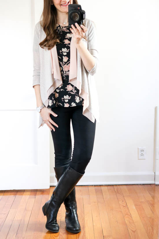 How to hide the baby bump without having to size up - try layering a floral blouse with a draped cardigan - Crazy Together blog