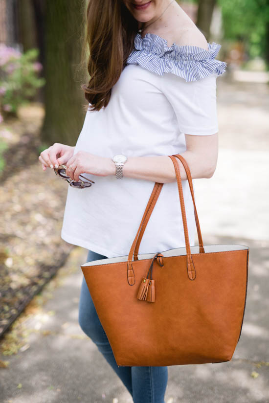 white off the shoulder maternity top and a brown leather tote | pregnancy fashion | maternity fashion | summer maternity clothes | Crazy Together blog