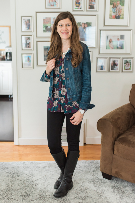 create a fall capsule wardrobe with the Sinclaire Button Front Blouse from Kut from the Kloth via Stitch Fix, a denim jacket, black skinny pants and riding boots | Stitch Fix clothes | Crazy Together blog