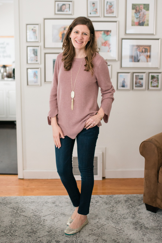 Try Stitch Fix Luxe and get luxury DESIGNER brands hand-picked by your personal stylist! | Jessica Scallop Detail Wool Sweater from Michael Stars and Moscow Skinny Jean from DL1961 | Stitch Fix clothes | Crazy Together blog