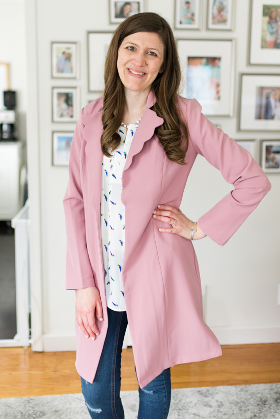 Marissa Scallop Trench Jacket from Honey Punch with Estefany Lace Detail Split Neck Blouse and Avalie Distressed Skinny Jean from Prosperity | Spring Stitch Fix Review | May 2018 Stitch Fix Review | Stitch Fix clothes | Stitch Fix blogger | Crazy Together blog