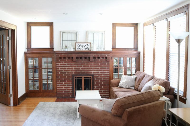 Check out this before and after of a 1925 living room update. Still a work in progress, but getting a little better every day | 1920s home | 1920s living room | mantle with built in book cases | craftsman home living room | Crazy Together blog
