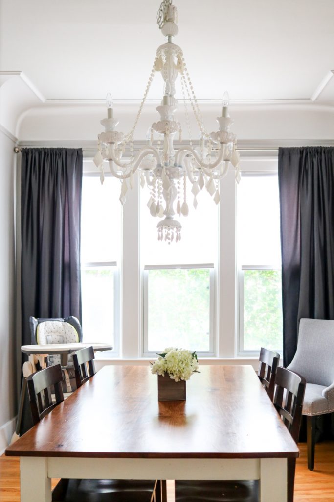 Check out this before and after of a 1925 dining room update. Still a work in progress, but getting a little better every day | 1920s home | 1920s dining room | white dining room chandelier | 1920s plaster ceiling | craftsman home dining room | Crazy Together blog