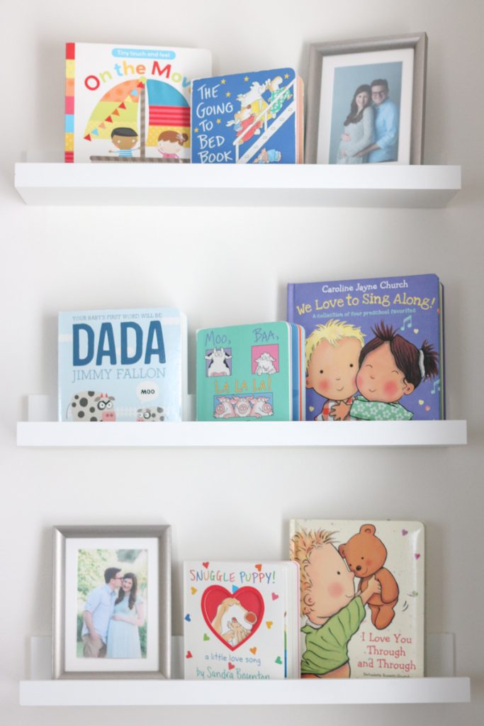 nursery book shelf | gender neutral baby nursery | floating shelves in a nursery | Crazy Together blog