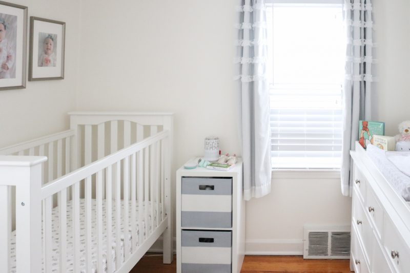 A light and airy baby nursery with a gray and white color scheme | tiny baby nursery | small baby nursery | gray and white nursery | neutral baby nursery decor | neutral palette nursery reveal | gender-neutral baby nursery | budget-friendly baby nursery | Crazy Together blog