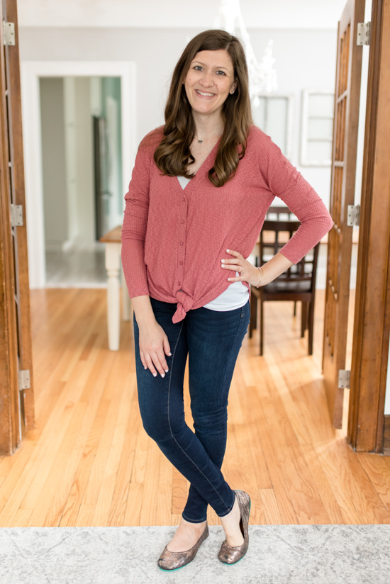 This Button Front Rib Knit Top from Caslon came in the Best Trunk Club Shipment I've Ever Received | Fall 2018 Trunk Club review featuring casual tops and leggings | Nordstrom clothes |Trunk Club clothes | subscription box review | subscription style boxes | subscription boxes for women | fall fashion ideas | Crazy Together blog #trunkclub #stylebox #fashion #fallclothes #nordstrom #tieks