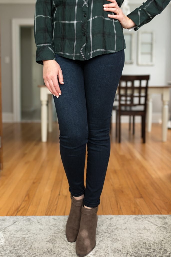 Stitch Fix delivers hand-picked styles for you! Shown here: Hayley Button Down Top from Cosmic Blue Love ($68) | Kaylee Skinny Jean from Liverpool ($78) | Laurel Side Buckle Bootie from Market & Spruce ($75) | Kanna Knit Infinity Scarf from Girly ($38) | Kadenza Fleece Jacket from Market & Spruce ($78) | A comparison of Stitch Fix vs. Trendsend | clothing style services | clothing subscription boxes | personal styling | Crazy Together blog #stitchfix #trendsend #personalstylist