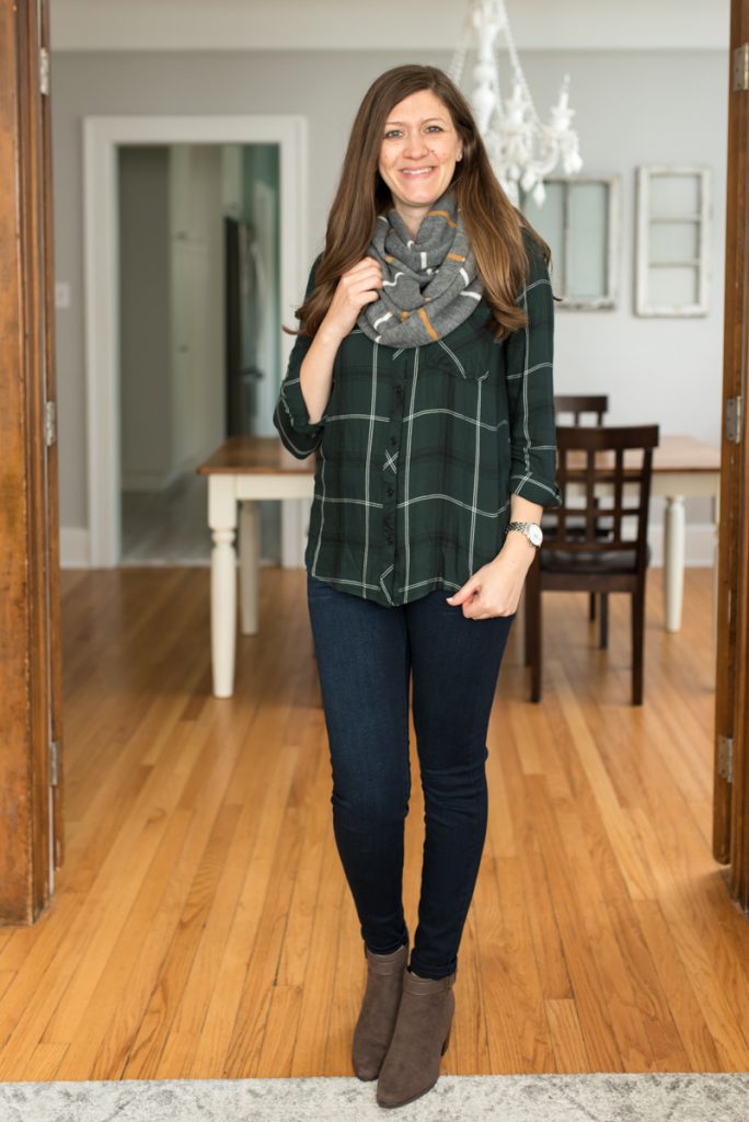 Stitch Fix delivers clothes that are hand-picked for you! Shown here: Hayley Button Down Top from Cosmic Blue Love ($68) | Kaylee Skinny Jean from Liverpool ($78) | Laurel Side Buckle Bootie from Market & Spruce ($75) | Kanna Knit Infinity Scarf from Girly ($38) | A comparison of Stitch Fix vs. Trendsend | clothing style services | clothing subscription boxes | personal styling | Crazy Together blog #stitchfix #trendsend #personalstylist