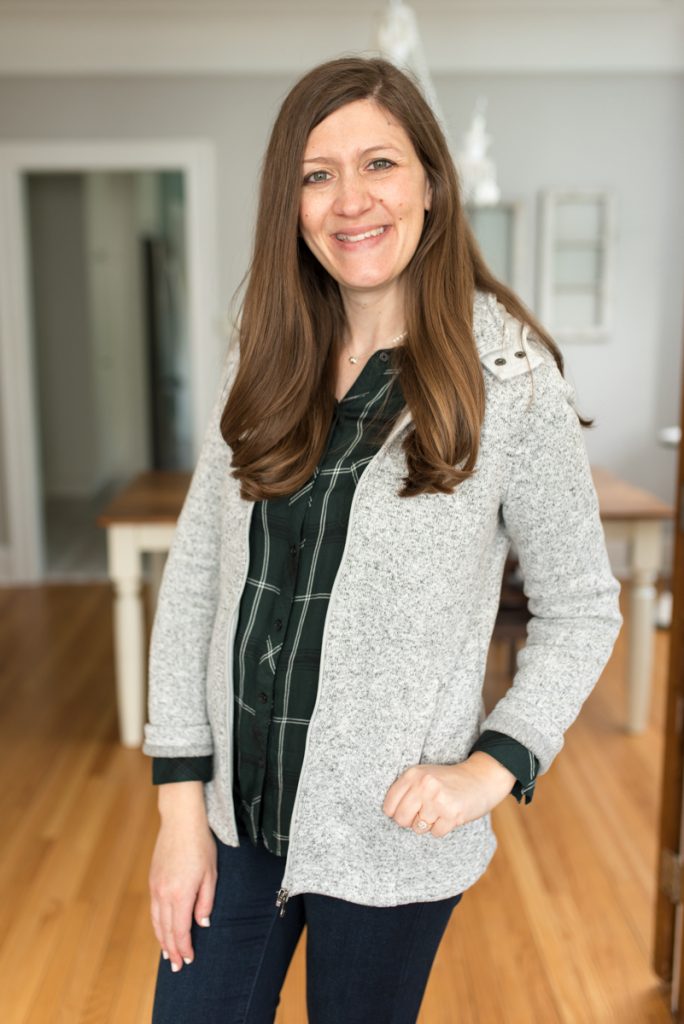 Stitch Fix delivers clothes that are hand-picked for you! Shown here: Hayley Button Down Top from Cosmic Blue Love ($68) | Kaylee Skinny Jean from Liverpool ($78) | Laurel Side Buckle Bootie from Market & Spruce ($75) | Kadenza Fleece Jacket from Market & Spruce ($78) | A comparison of Stitch Fix vs. Trendsend | clothing style services | clothing subscription boxes | personal styling | Crazy Together blog #stitchfix #trendsend #personalstylist