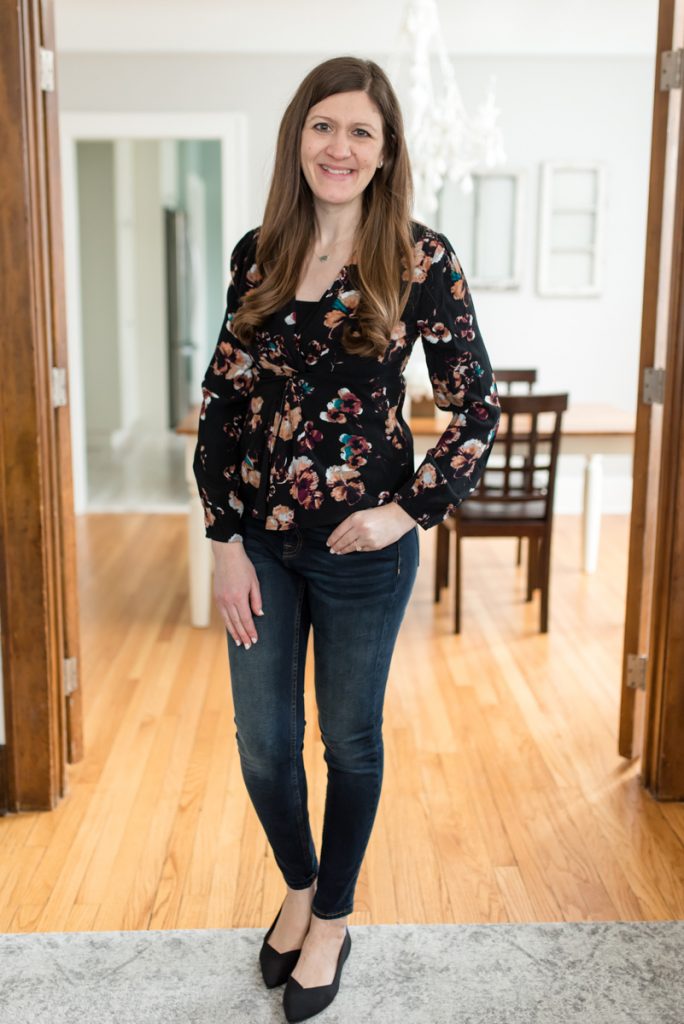 Shandy Floral Print Top from Black Swan with Vigoss Marley Mid-Rise Super Skinny Jeans and black Point Rothy's | Winter Wantable Style Edit review | Crazy Together blog | #stitchfix #wantable #styleedit #fashion #rothys