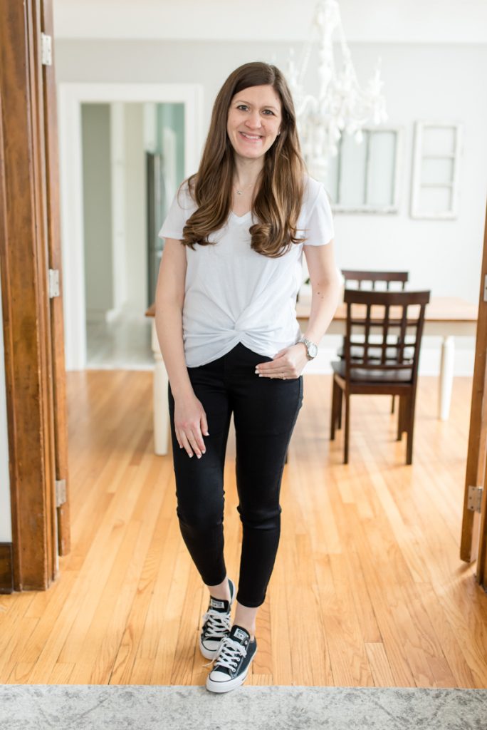 Twist front Tee from Z Supply with High Rise Ankle Biter Jeans from Kensie and black Converse shoes | Winter Wantable Style Edit review | Crazy Together blog | #stitchfix #wantable #styleedit #fashion