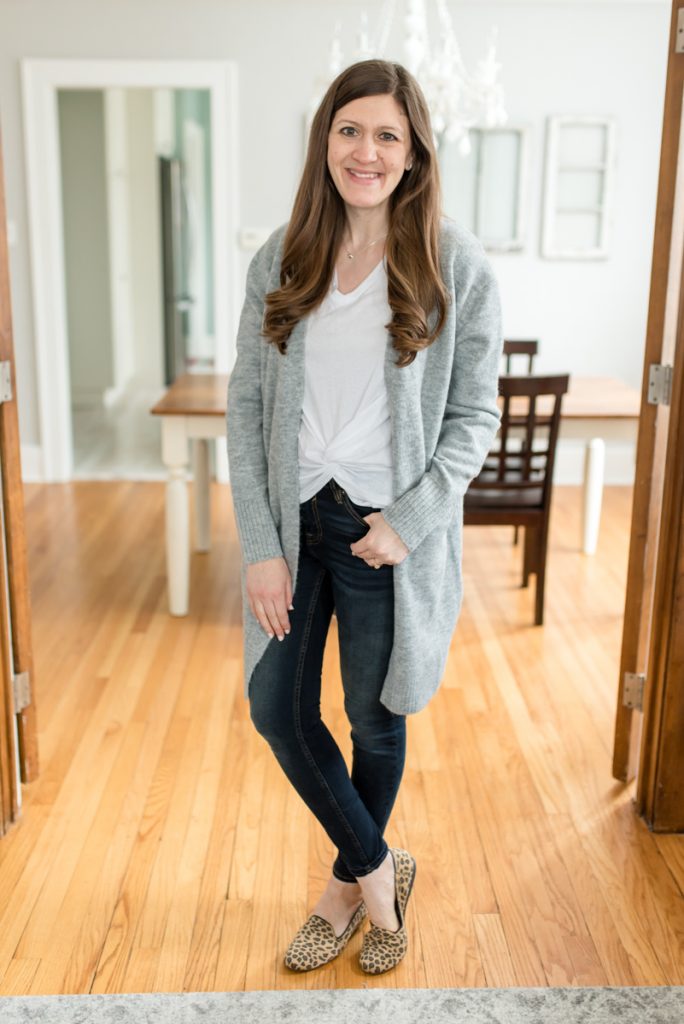  Twist Front Tee from Z Supply, Chloe Wool Cashmere Sweater from Trim & Tailor, Vigoss Marley Mid-Rise Super Skinny Jeans with spotted leopard Rothy's loafers | Winter Wantable Style Edit review | Crazy Together blog | #stitchfix #wantable #styleedit #fashion #rothys