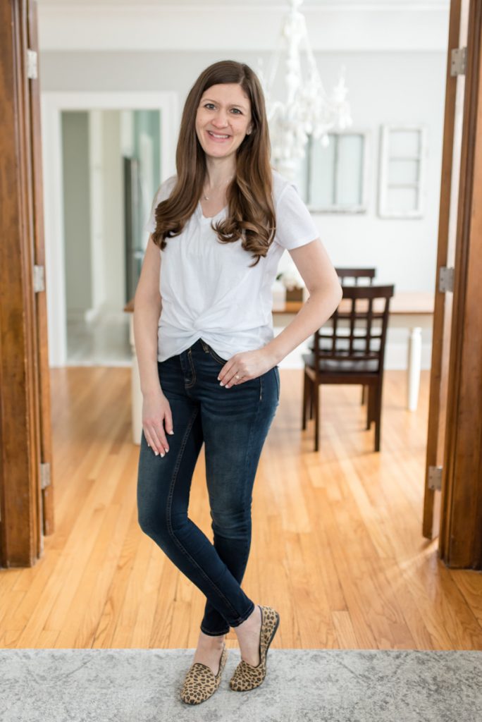  Twist Front Tee from Z Supply, Vigoss Marley Mid-Rise Super Skinny Jeans with spotted leopard Rothy's loafers | Winter Wantable Style Edit review | Crazy Together blog | #stitchfix #wantable #styleedit #fashion #rothys