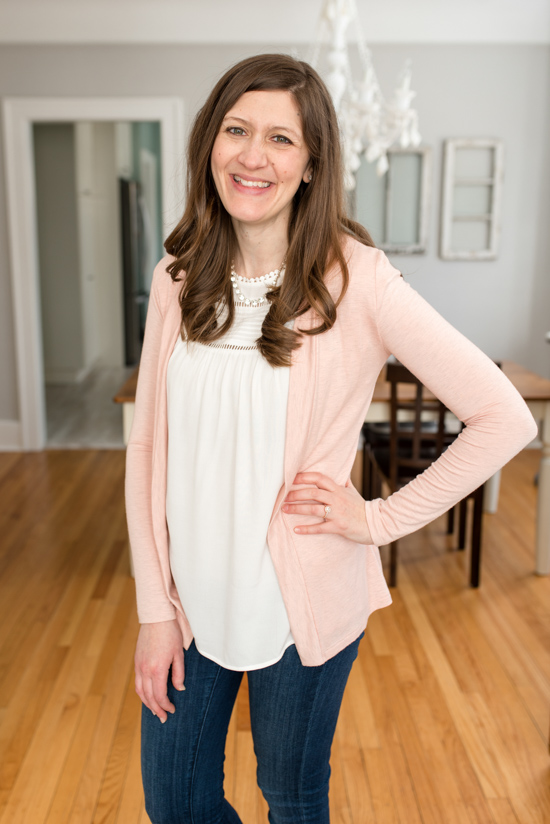 white lace trim blouse with peach cardigan - March Stitch Fix review