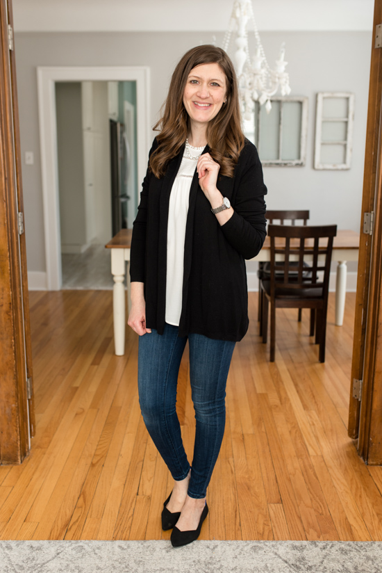 Becru Lace Detail Blouse from Daniel Rainn with black cardigan and skinny jeans - March Stitch Fix review