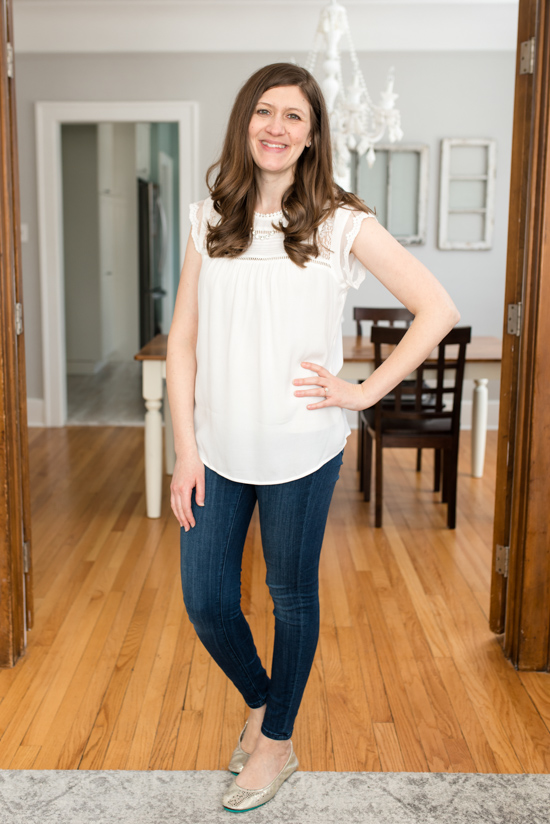 white sleeveless lace trim blouse with skinny jeans - Spring Stitch Fix review