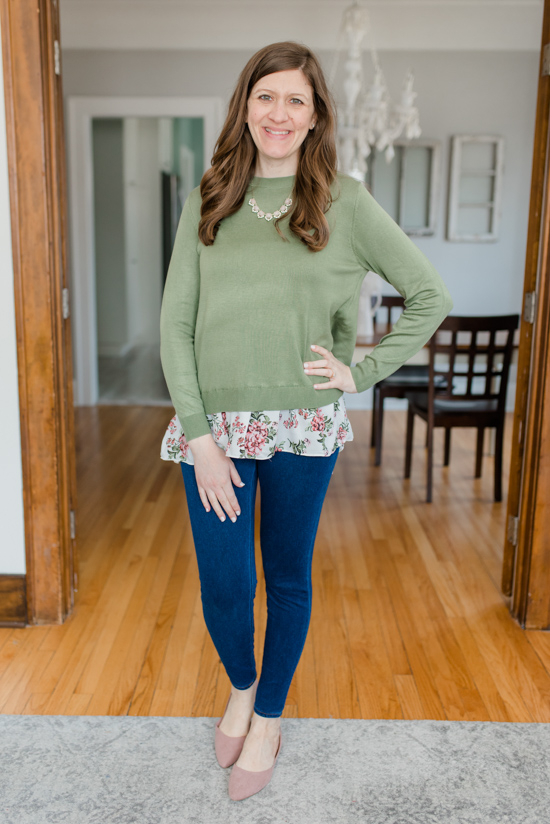 5 Spring Looks that are Friendly for the Budget (and a Baby Bump) | green flowy mixed media floral print sweater with skinny jeggings and blush pink flats | spring style | maternity style | bump-friendly spring clothes | spring fashion | #fashion #maternityclothes #maternity | Crazy Together blog
