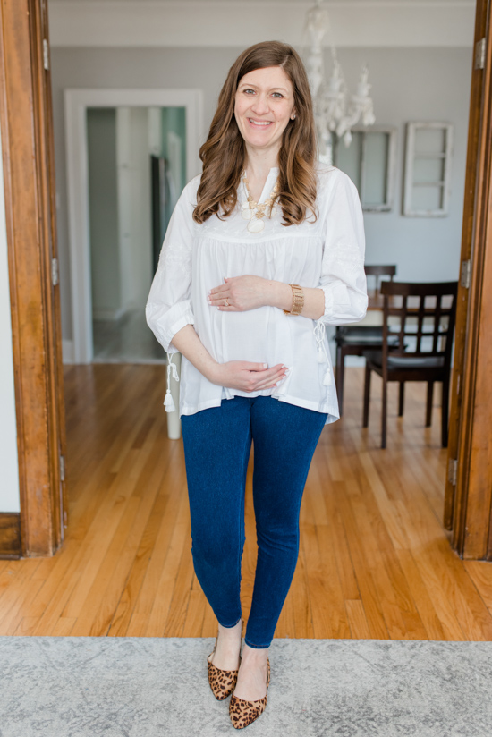 5 Spring Looks that are Friendly for the Budget (and a Baby Bump) | white boho embroidered top with skinny jeggings | spring style | maternity style | bump-friendly spring clothes | spring fashion | #fashion #maternityclothes #maternity | Crazy Together blog