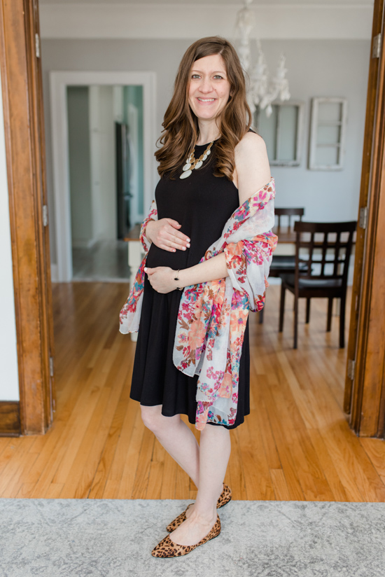 5 Spring Looks that are Friendly for the Budget (and a Baby Bump) | black sleeveless fit and flare dress - mixing prints with leopard print flats and a floral wrap | spring style | maternity style | bump-friendly spring clothes | spring fashion | #fashion #maternityclothes #maternity | Crazy Together blog