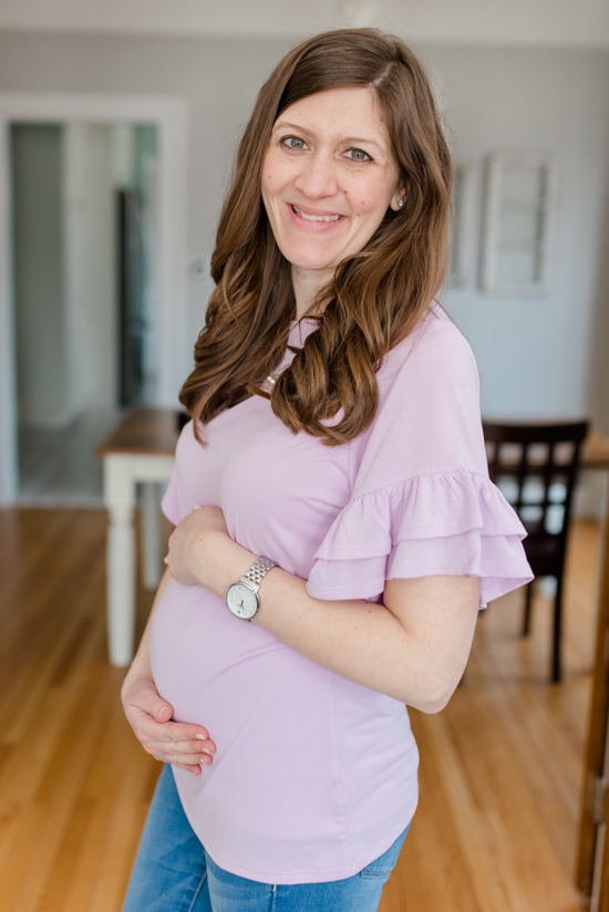 5 Spring Looks that are Friendly for the Budget (and a Baby Bump) | lilac ruffle sleeve top with white sneakers | spring style | maternity style | bump-friendly spring clothes | spring fashion | #fashion #maternityclothes #maternity | Crazy Together blog