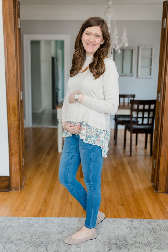 5 Spring Looks that are Friendly for the Budget (and a Baby Bump) | neutral flowy mixed media floral print sweater with skinny jeans and beige laser cut flats | spring style | maternity style | bump-friendly spring clothes | spring fashion | #fashion #maternityclothes #maternity | Crazy Together blog