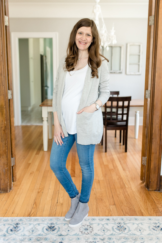 Trunk Club Maternity Review -Summer Ryder Cardigan with Anna Wedge Sneakers from Linea Paolo | style box | women's fashion | maternity clothes | #stitchfix #trunkclub | Crazy Together blog