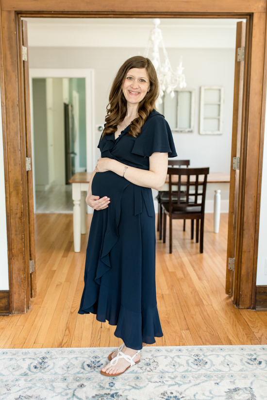 Trunk Club Maternity Review - navy blue Ruffle Wrap Dress from Chelsea28 | style box | women's fashion | maternity clothes | #stitchfix #trunkclub | Crazy Together blog