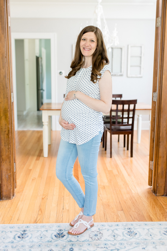 blue and white short sleeve maternity top with light wash maternity jeans - summer Stitch Fix maternity review