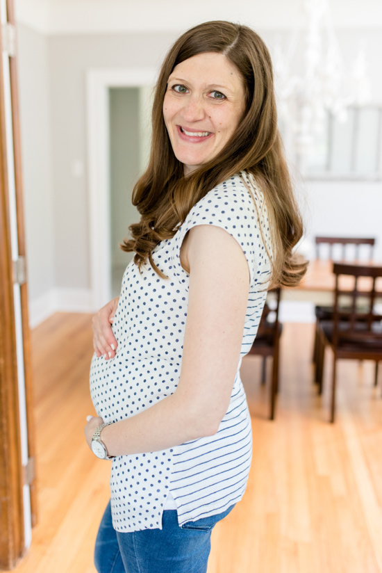 blue and white short sleeve Abrienne Maternity Split Neck Kit Top from Dainiel Rainn - summer Stitch Fix maternity review