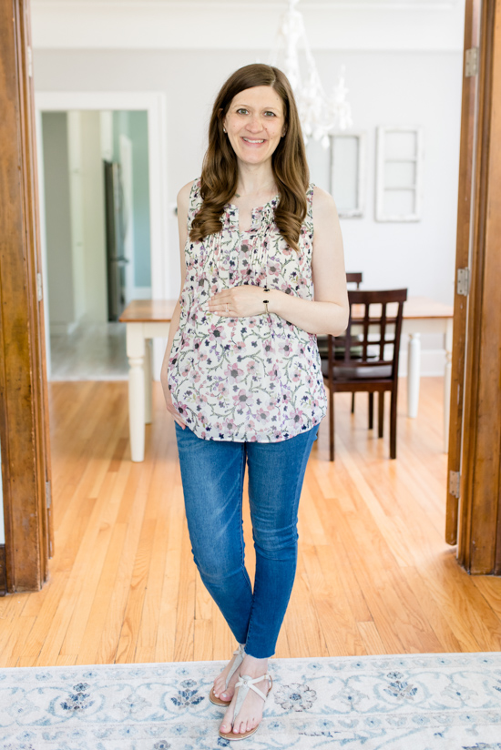 green and purple sleeveless floral maternity blouse from Daniel Rainn with skinny jeans and sandals -summer Stitch Fix Maternity review 