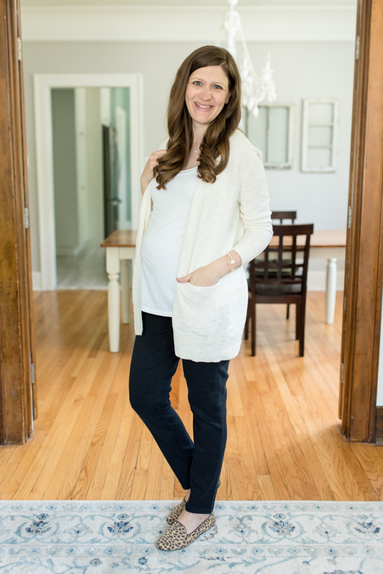 Summer 2019 Trunk Club Review featuring bump-friendly styles - Summer Ryder Stripe Cardigan from Madewell with Over the Belly Maternity Skinny Jeans from Madewell | #stitch Fix #trunkclub #fashion #maternity | Trunk Club vs. Stitch Fix Crazy Together blog