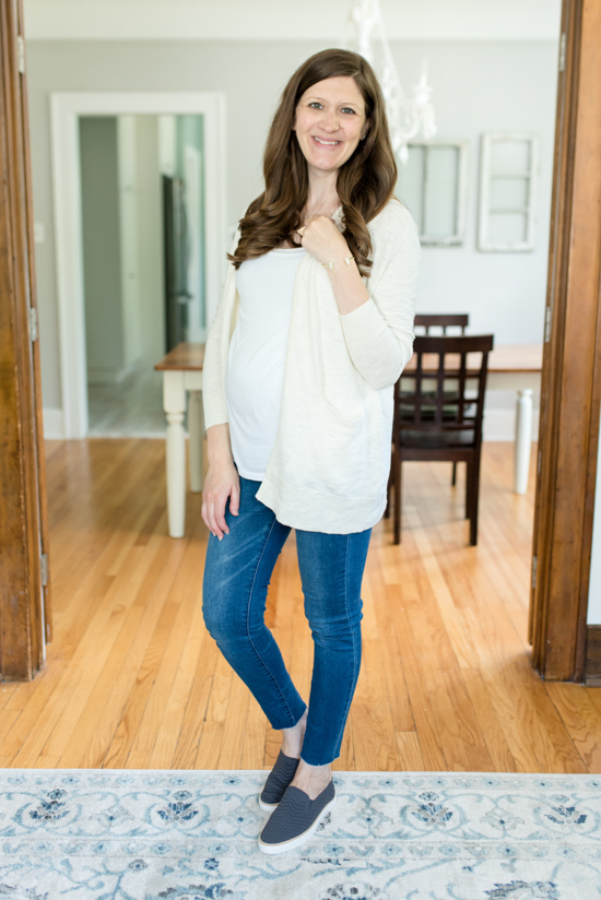 Summer 2019 Trunk Club Review featuring bump-friendly styles - Summer Ryder Stripe Cardigan from Madewell with Sammy Slip-On Sneaker from UGG | #stitch Fix #trunkclub #fashion #maternity | Trunk Club vs. Stitch Fix Crazy Together blog
