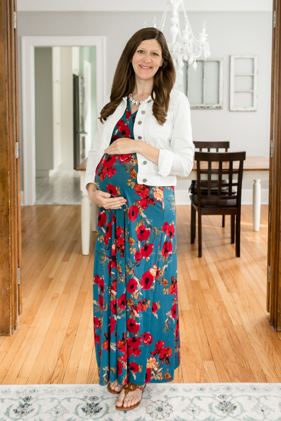 short sleeve blue and red floral maternity dress and white denim jacket - Stitch Fix Maternity review