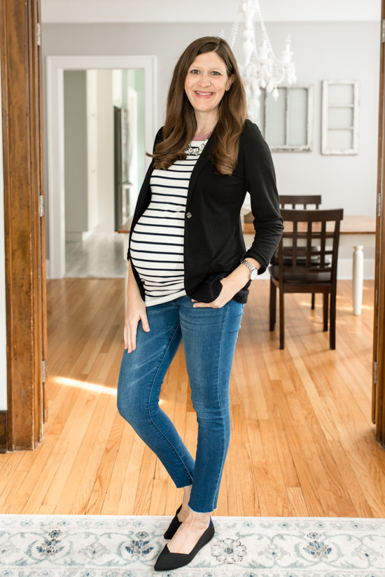 black and white strip maternity top with blazer and black Point Rothy's - Stitch Fix Maternity review