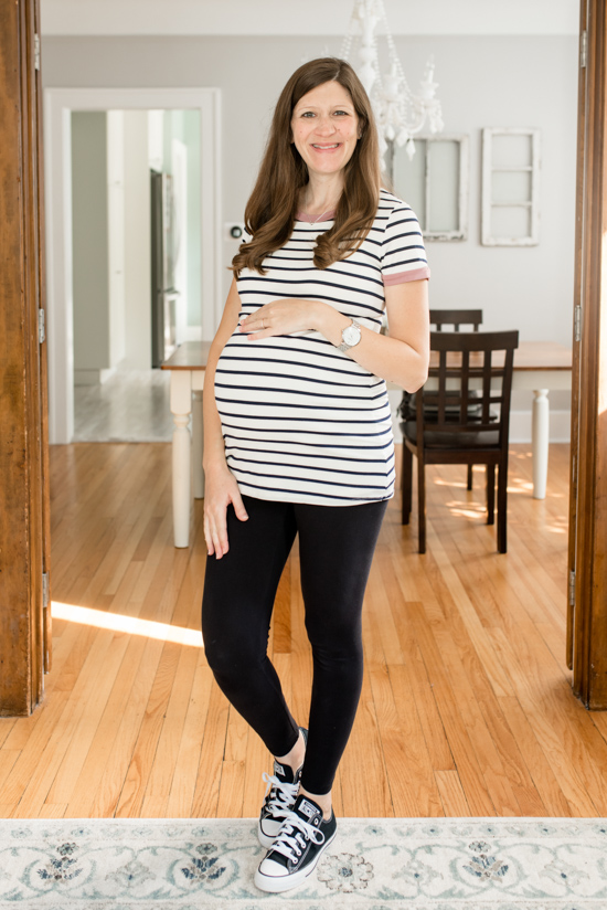 Brynn black and white striped Maternity Nursing Knit Top with black leggings and Converse shoes - Stitch Fix Maternity review