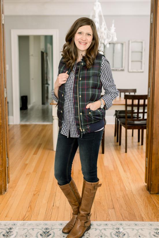 Stitch Fix review- Feena Button Down Textured Top with plaid vest, skinny jeans and brown riding boots
